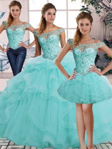 Noble Floor Length Aqua Blue Quinceanera Gown Off The Shoulder Sleeveless Lace Up