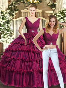 Decent Burgundy Sleeveless Organza Backless Ball Gown Prom Dress for Sweet 16 and Quinceanera