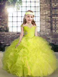 Nice Ball Gowns Winning Pageant Gowns Yellow Green Straps Organza Sleeveless Floor Length Lace Up