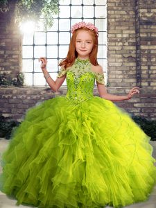 Modern Yellow Green Ball Gowns Beading and Ruffles Girls Pageant Dresses Lace Up Tulle Sleeveless Floor Length