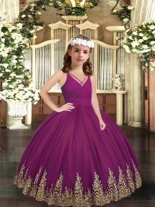 Adorable Floor Length Zipper Little Girl Pageant Gowns Purple for Party and Sweet 16 and Wedding Party with Embroidery