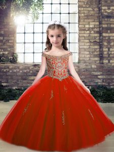 Red Ball Gowns Tulle Off The Shoulder Sleeveless Beading and Appliques Floor Length Lace Up Pageant Gowns