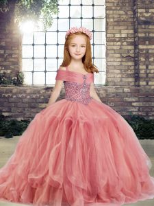 Custom Made Straps Sleeveless Tulle Little Girls Pageant Dress Beading Lace Up