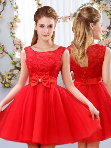 Exquisite Scoop Sleeveless Court Dresses for Sweet 16 Mini Length Lace and Bowknot Red Tulle