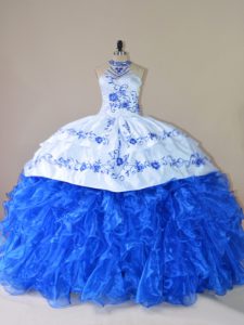 Admirable Halter Top Sleeveless Quinceanera Gowns Court Train Embroidery and Ruffles Royal Blue Organza