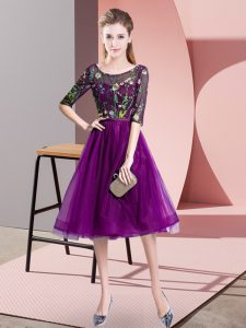 Purple Tulle Lace Up Wedding Guest Dresses Half Sleeves Knee Length Embroidery