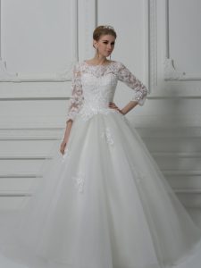 Luxury Scoop 3 4 Length Sleeve Wedding Gown Brush Train Beading and Lace White Tulle