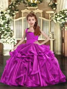 Fashionable Fuchsia Ball Gowns Ruffles Little Girl Pageant Gowns Lace Up Organza Sleeveless Floor Length