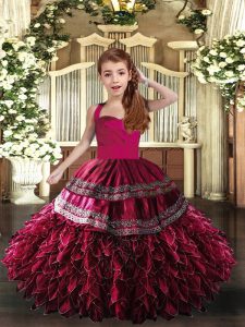 Hot Pink and Fuchsia Sleeveless Floor Length Appliques and Ruffles Lace Up Pageant Dress Wholesale