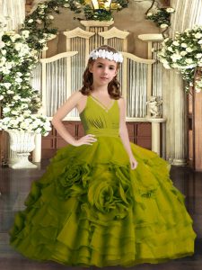 Olive Green Sleeveless Floor Length Ruffled Layers Zipper Pageant Dress Womens