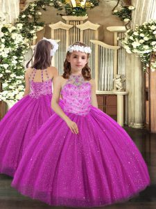 Glorious Fuchsia Sleeveless Tulle Lace Up Little Girl Pageant Dress for Party and Sweet 16 and Wedding Party