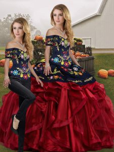 Deluxe Red And Black Sleeveless Organza Lace Up Ball Gown Prom Dress for Military Ball and Sweet 16 and Quinceanera