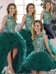 Hot Selling Peacock Green Ball Gowns Scoop Sleeveless Organza Floor Length Lace Up Beading and Ruffles Quince Ball Gowns