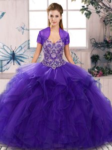 Fitting Purple Sleeveless Floor Length Beading and Ruffles Lace Up Quinceanera Dresses