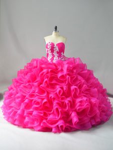 Custom Fit Hot Pink Sleeveless Appliques and Ruffles Lace Up Quinceanera Gown