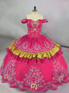 Floor Length Lace Up Quinceanera Dresses Hot Pink for Sweet 16 and Quinceanera with Embroidery