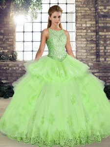Hot Selling Yellow Green Ball Gowns Tulle Scoop Sleeveless Lace and Embroidery and Ruffles Floor Length Lace Up Sweet 16 Quinceanera Dress