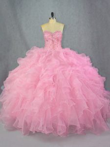 Deluxe Pink Lace Up Sweetheart Beading and Ruffles Vestidos de Quinceanera Organza Sleeveless
