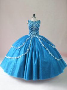 Sophisticated Scoop Sleeveless Quinceanera Gown Floor Length Beading and Appliques Baby Blue Tulle