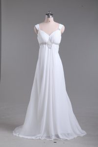 White Lace Up Straps Beading Wedding Gowns Chiffon Sleeveless Sweep Train