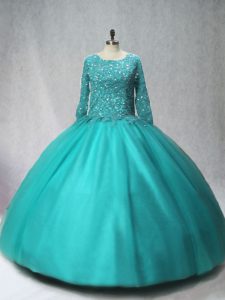 Long Sleeves Tulle Floor Length Lace Up Sweet 16 Dress in Turquoise with Beading