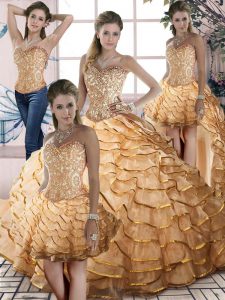 Amazing Gold Sleeveless Organza Brush Train Lace Up Quinceanera Gown for Sweet 16 and Quinceanera