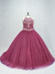 Burgundy Tulle Lace Up Scoop Sleeveless Quince Ball Gowns Brush Train Beading
