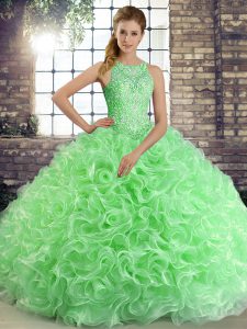 Green Sleeveless Fabric With Rolling Flowers Lace Up Quince Ball Gowns for Military Ball and Sweet 16 and Quinceanera