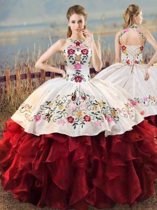 Most Popular Halter Top Sleeveless Lace Up Sweet 16 Quinceanera Dress White And Red Organza