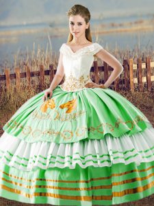 Custom Designed Sleeveless Floor Length Embroidery and Ruffled Layers Lace Up Sweet 16 Dress with Apple Green