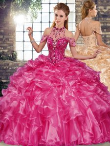 Sweet Fuchsia Organza Lace Up Halter Top Sleeveless Floor Length Quinceanera Gowns Beading and Ruffles
