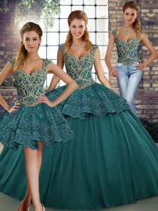 Fancy Floor Length Lace Up Sweet 16 Dress Green for Military Ball and Sweet 16 and Quinceanera with Beading and Appliques