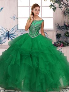 Custom Design Green Sweet 16 Dress Military Ball and Sweet 16 and Quinceanera with Beading and Ruffles Scoop Sleeveless Zipper