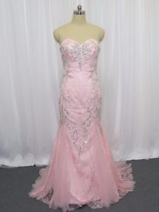 Shining Pink Mermaid Sweetheart Sleeveless Tulle Brush Train Zipper Beading Glitz Pageant Dress