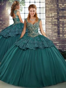 Green Sleeveless Beading and Appliques Floor Length Sweet 16 Dress