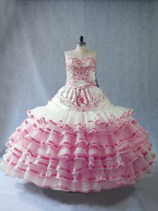 Fantastic Pink And White Sweetheart Lace Up Embroidery and Ruffled Layers and Bowknot Quince Ball Gowns Sleeveless