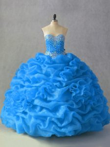 Beauteous Sleeveless Organza Floor Length Lace Up Quinceanera Dresses in Blue with Beading and Pick Ups and Hand Made Flower