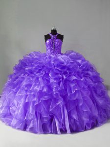 Colorful Brush Train Ball Gowns Quinceanera Gowns Lavender Halter Top Organza Sleeveless Zipper
