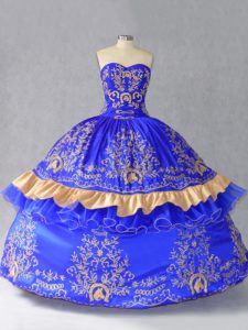 Ball Gowns Vestidos de Quinceanera Royal Blue Sweetheart Satin and Organza Sleeveless Floor Length Lace Up