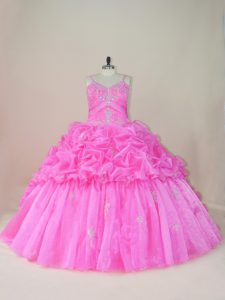 Gorgeous Sleeveless Beading and Appliques and Pick Ups Lace Up Sweet 16 Dress with Baby Pink Brush Train