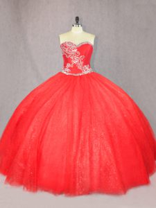 Spectacular Tulle Sweetheart Sleeveless Lace Up Beading Sweet 16 Quinceanera Dress in Red