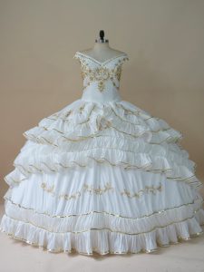 White Ball Gowns Taffeta Off The Shoulder Sleeveless Beading and Embroidery Floor Length Lace Up Quince Ball Gowns