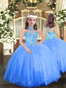 New Arrival Blue Ball Gowns Halter Top Sleeveless Tulle Floor Length Lace Up Appliques Kids Pageant Dress