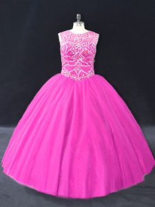Custom Designed Ball Gowns Quince Ball Gowns Fuchsia Scoop Tulle Sleeveless Floor Length Lace Up
