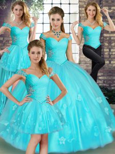 Classical Aqua Blue Ball Gowns Tulle Off The Shoulder Sleeveless Beading and Appliques Floor Length Lace Up Vestidos de Quinceanera