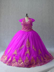 Fuchsia Quince Ball Gowns Tulle Court Train Sleeveless Beading and Appliques