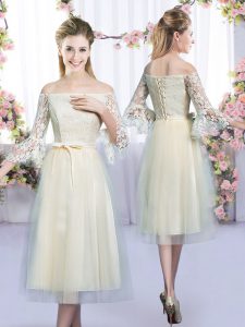 Champagne Court Dresses for Sweet 16 Wedding Party with Lace and Bowknot Off The Shoulder 3 4 Length Sleeve Lace Up