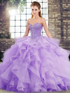 Romantic Brush Train Ball Gowns Vestidos de Quinceanera Lavender Sweetheart Tulle Sleeveless Lace Up