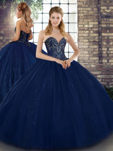 Exceptional Navy Blue Ball Gowns Sweetheart Sleeveless Tulle Floor Length Lace Up Beading 15th Birthday Dress