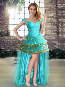 A-line Prom Evening Gown Aqua Blue Off The Shoulder Organza Sleeveless High Low Lace Up